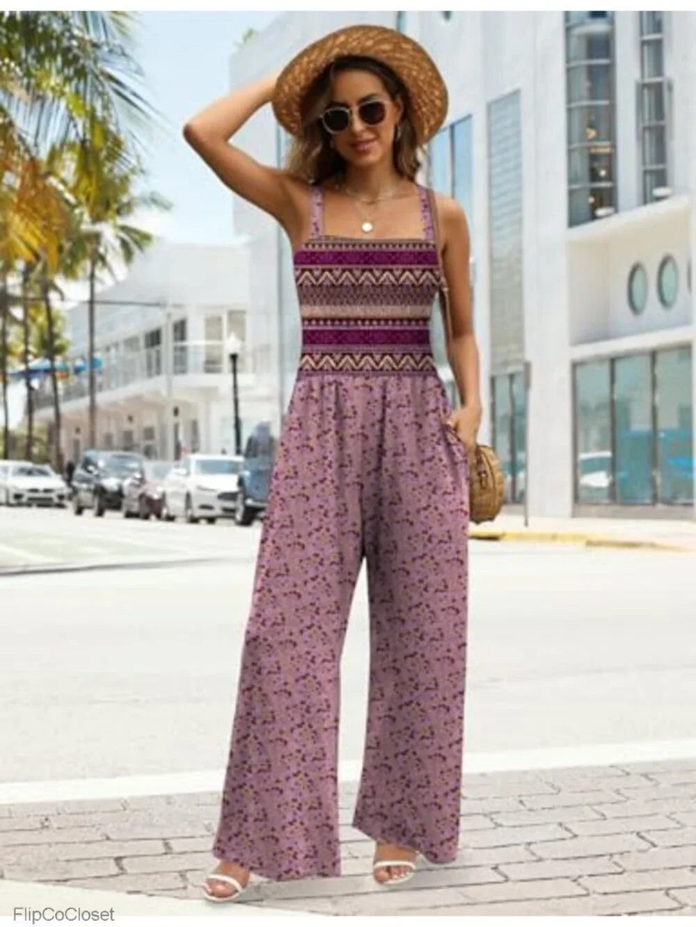 Sleeveless Square Neck Wide Leg Jumpsuit Romper with Pockets